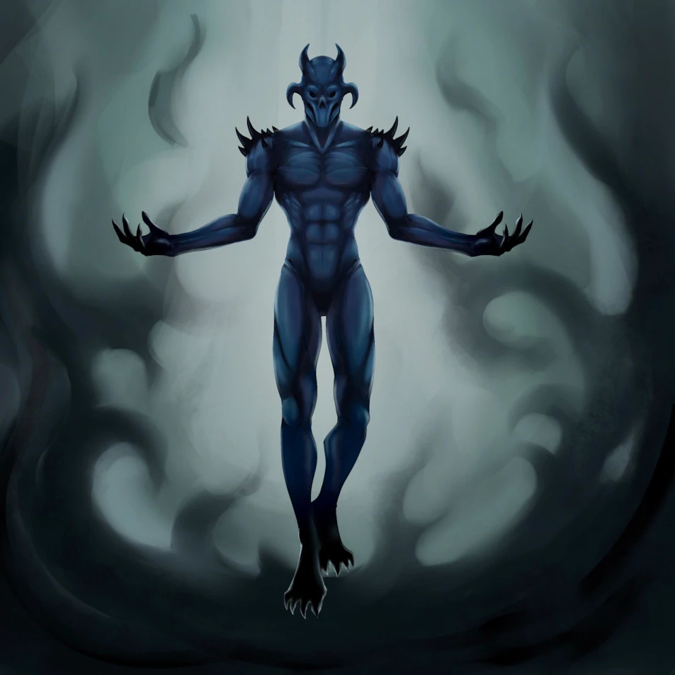 A planar entity emerging from mist, arms outstretched